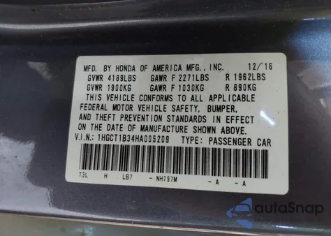 2017 Honda Accord Lx-S from USA, damaged, VIN 1HGCT1B34HA005209